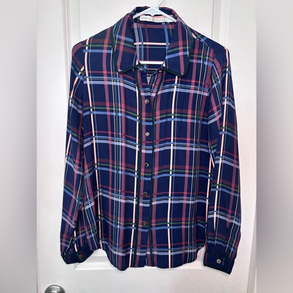 Marie Oliver Multicolor Plaid Silk Button Down Shirt with gold buttons